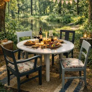 Romantische Tischgruppe mit 4 Sesseln – ausziehbarer Esstisch